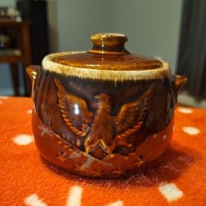 Vintage Hull Pottery Mini Crock Or Sugar Bowl w/ All American Eagle Design